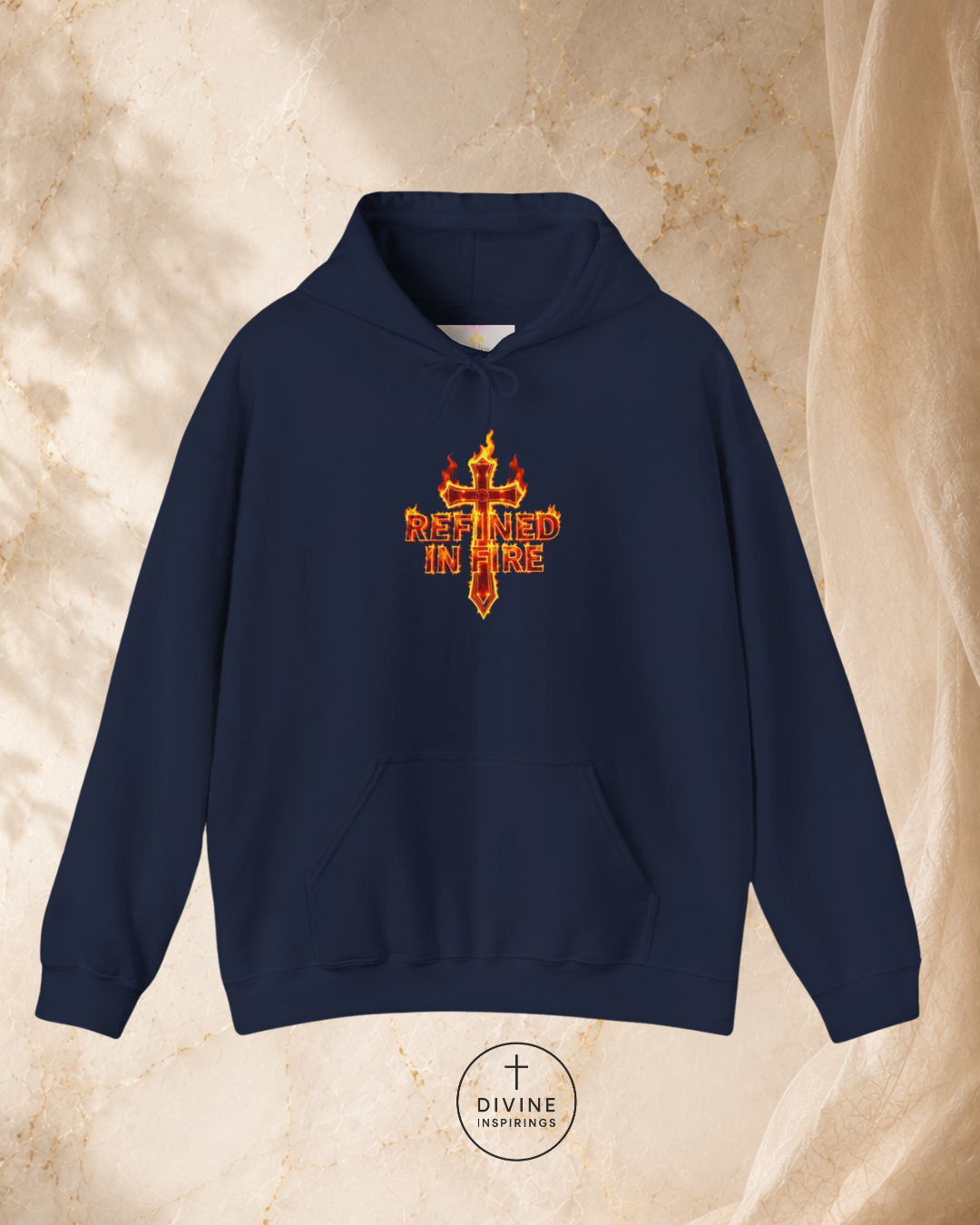 Navy blue hoodie with a red and yellow logo on a beige background