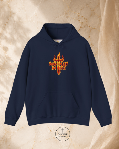 Navy blue hoodie with a red and yellow logo on a beige background