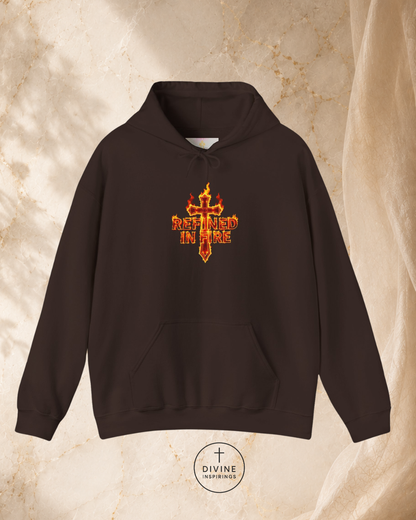Black hoodie with a red and yellow graphic design on a beige marble background