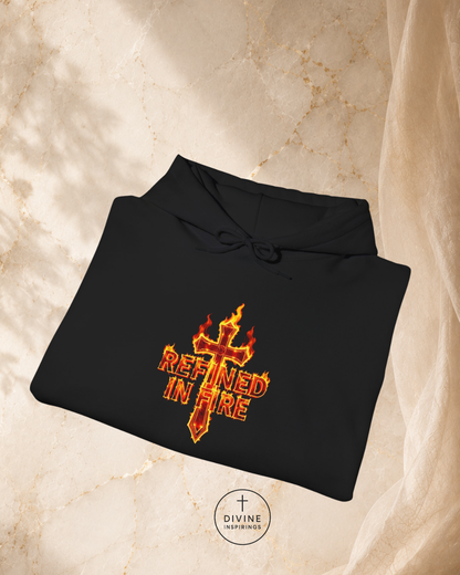 Black hoodie with 'Refined in Fire' design on a marble surface