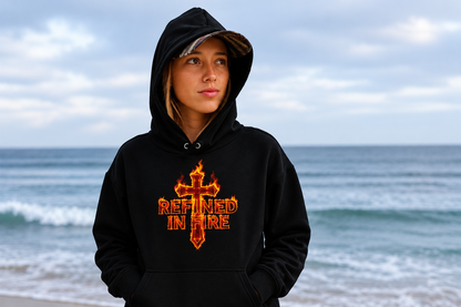 Person wearing a black hoodie with 'Refined in Fire' text on a beach