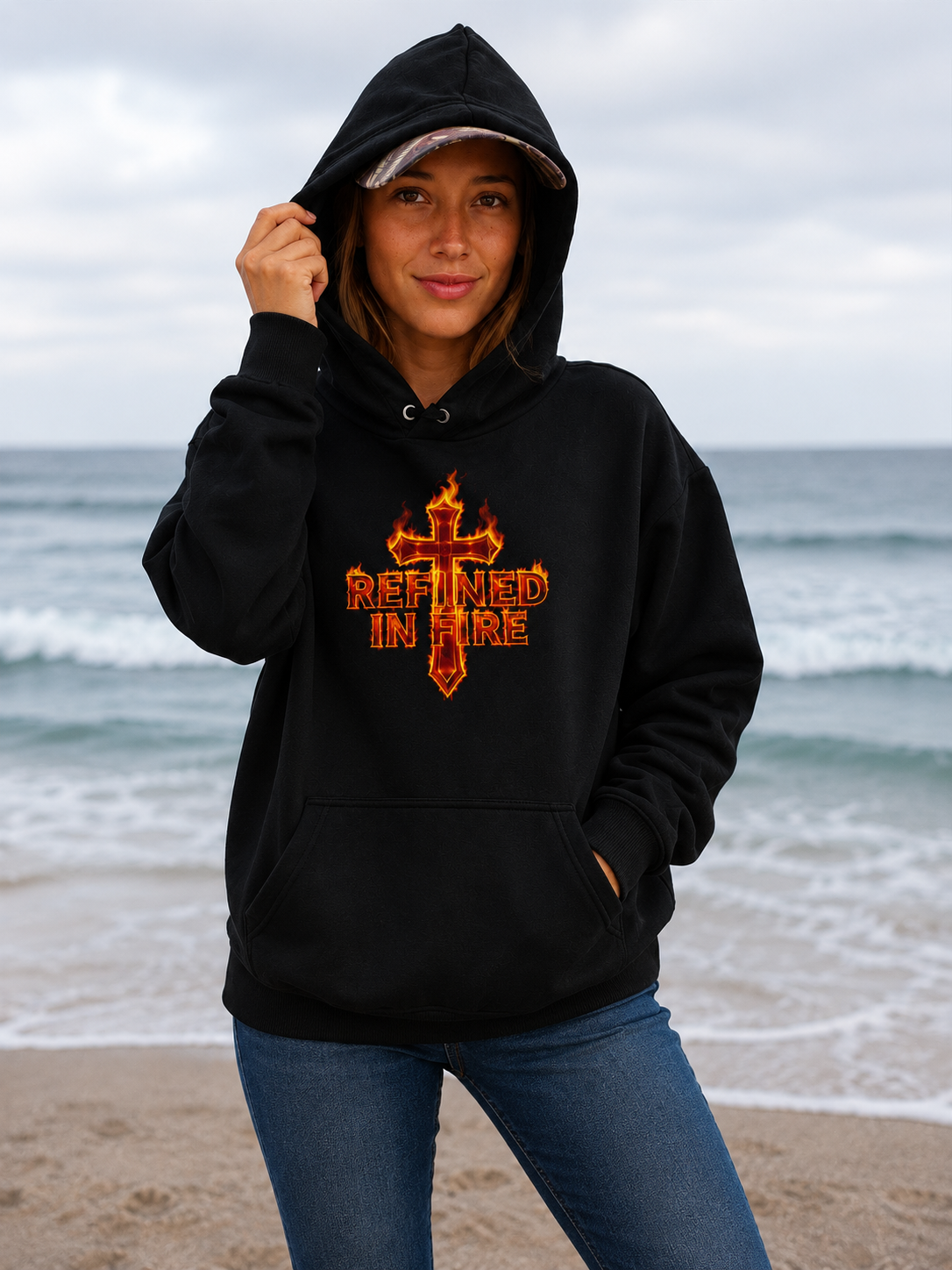 Person wearing a black hoodie with 'Refined in Fire' design on a beach