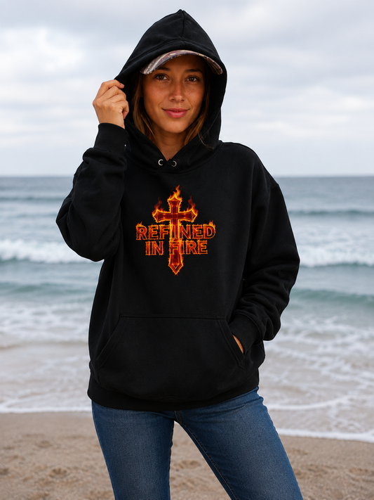 Person wearing a black hoodie with 'Refined in Fire' design on a beach