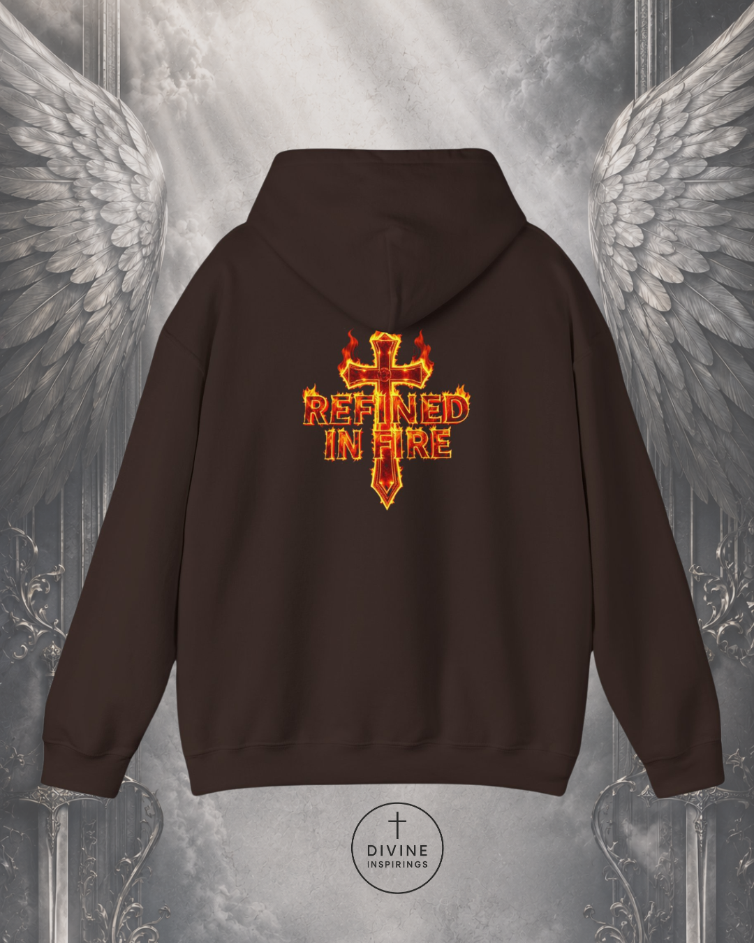 Brown hoodie with 'Refined in Fire' design on the back against a gray background with angel wings.