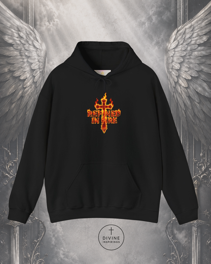 Black hoodie with a red and yellow logo on a gray background with angel wings.