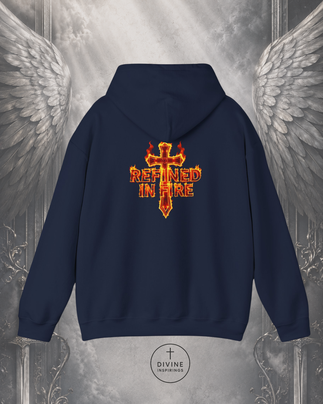 Navy blue hoodie with 'Refined in Fire' design on the back against a metallic angel wings background.