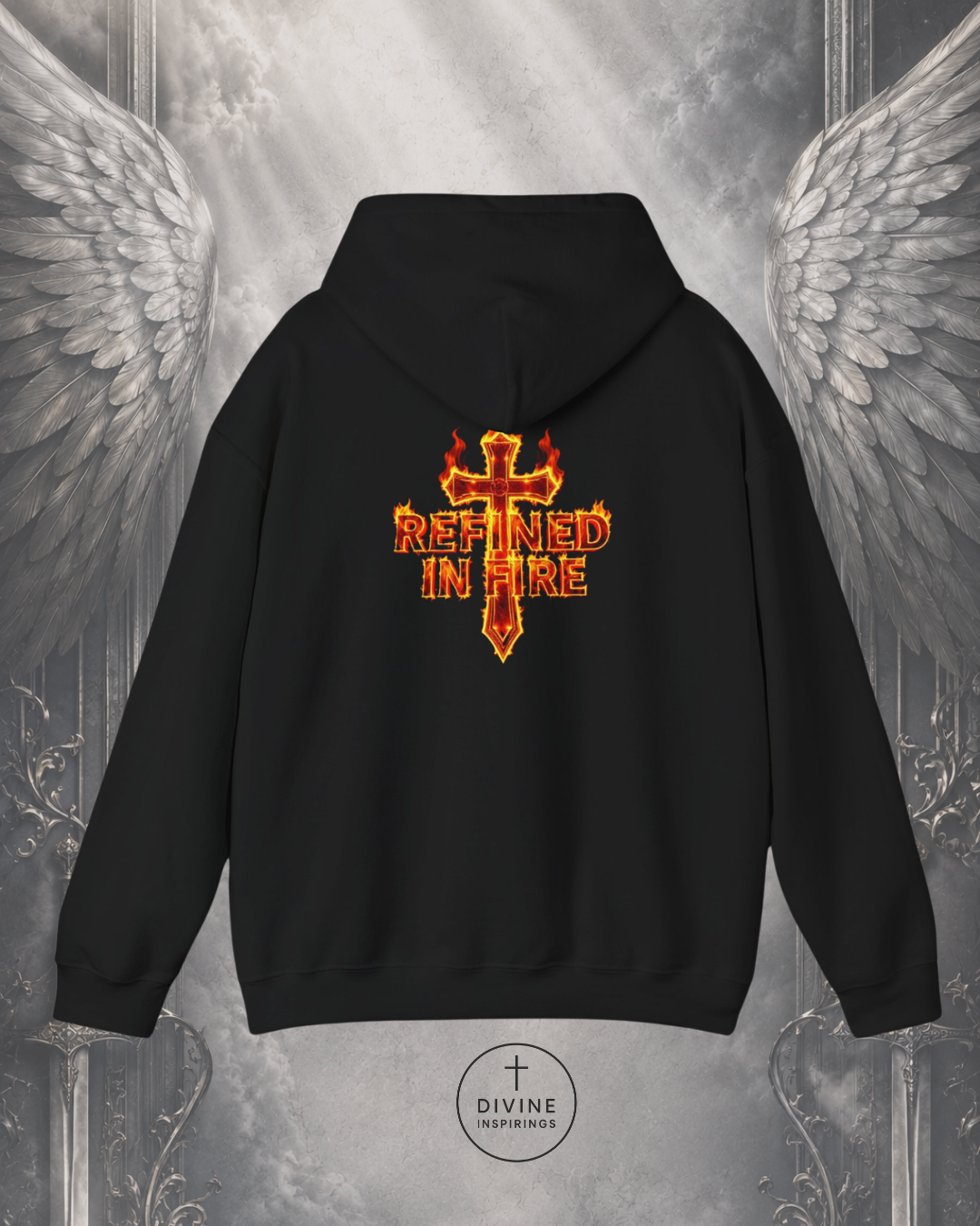 Black hoodie with 'Refined in Fire' design on the back against a gray background with angel wings.