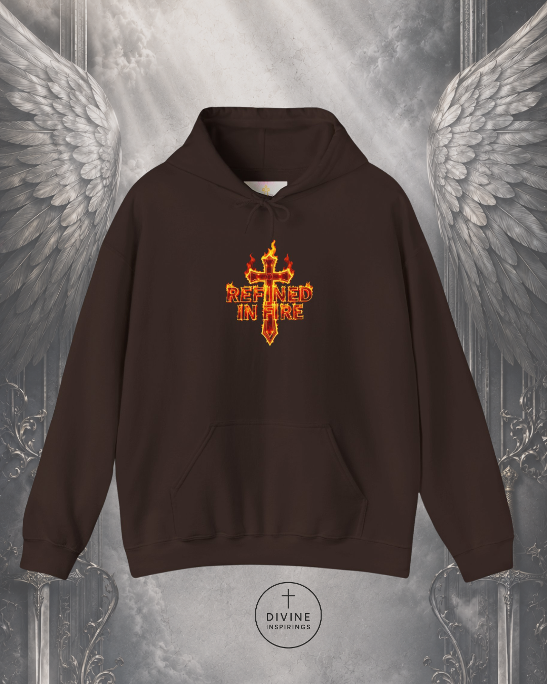 Brown hoodie with a fiery cross design on a metallic background