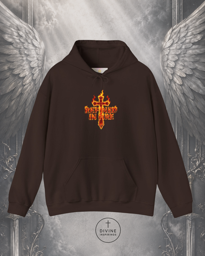 Brown hoodie with a fiery cross design on a metallic background