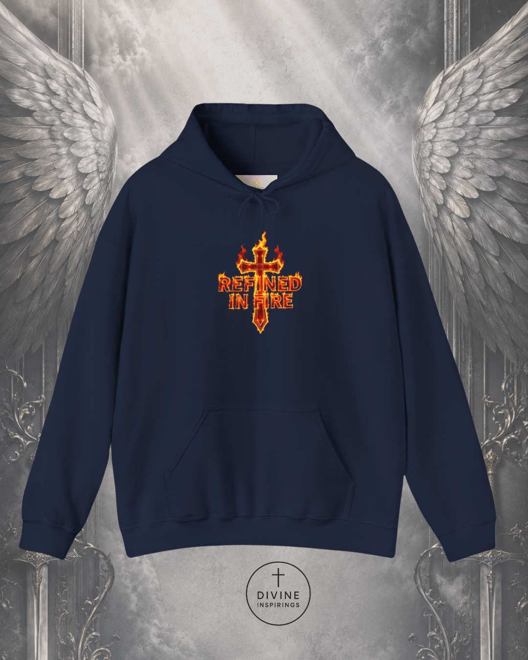 Navy blue hoodie with a red and yellow logo on a metallic background