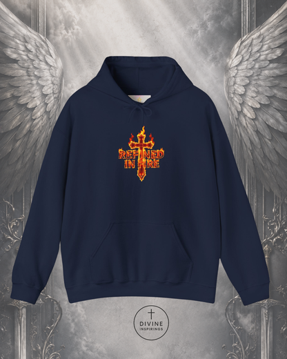 Navy blue hoodie with a red and yellow logo on a metallic background