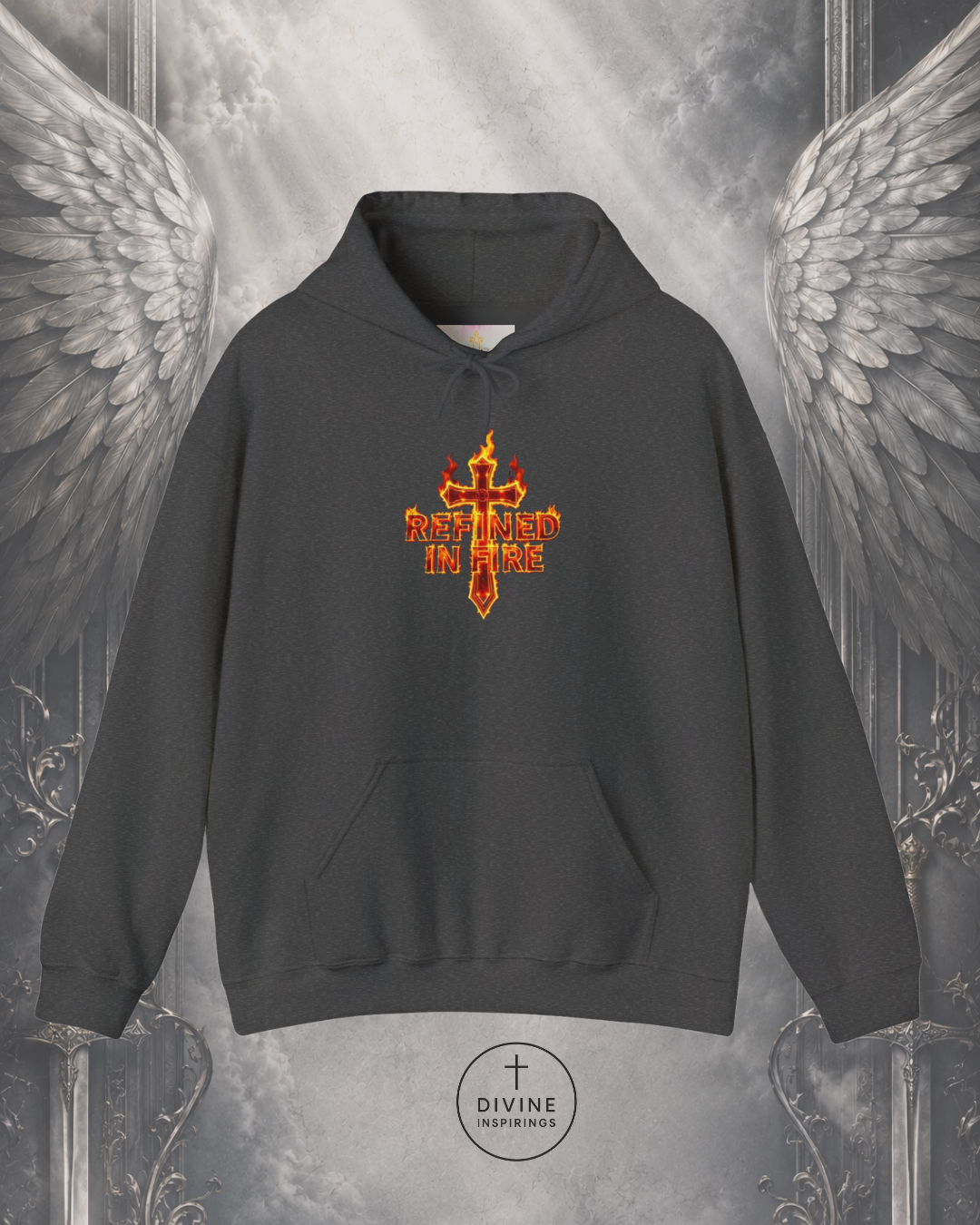 Black hoodie with a red and yellow cross design on a gray background with angel wings.