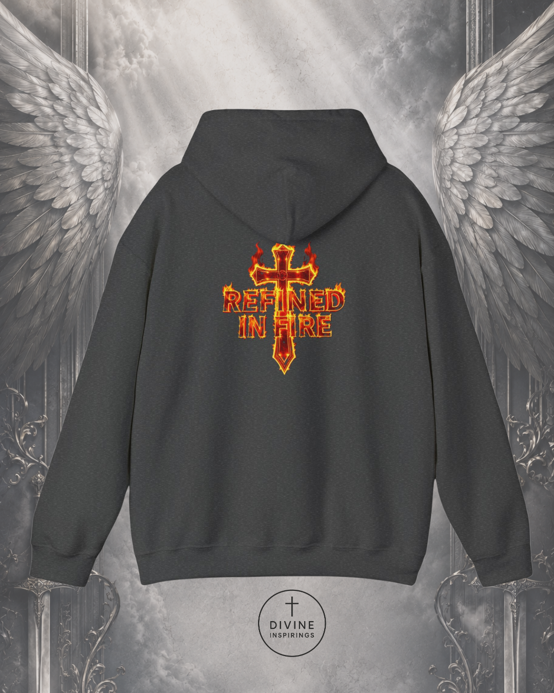 Black hoodie with 'Refined in Fire' design on the back against a background with angel wings.