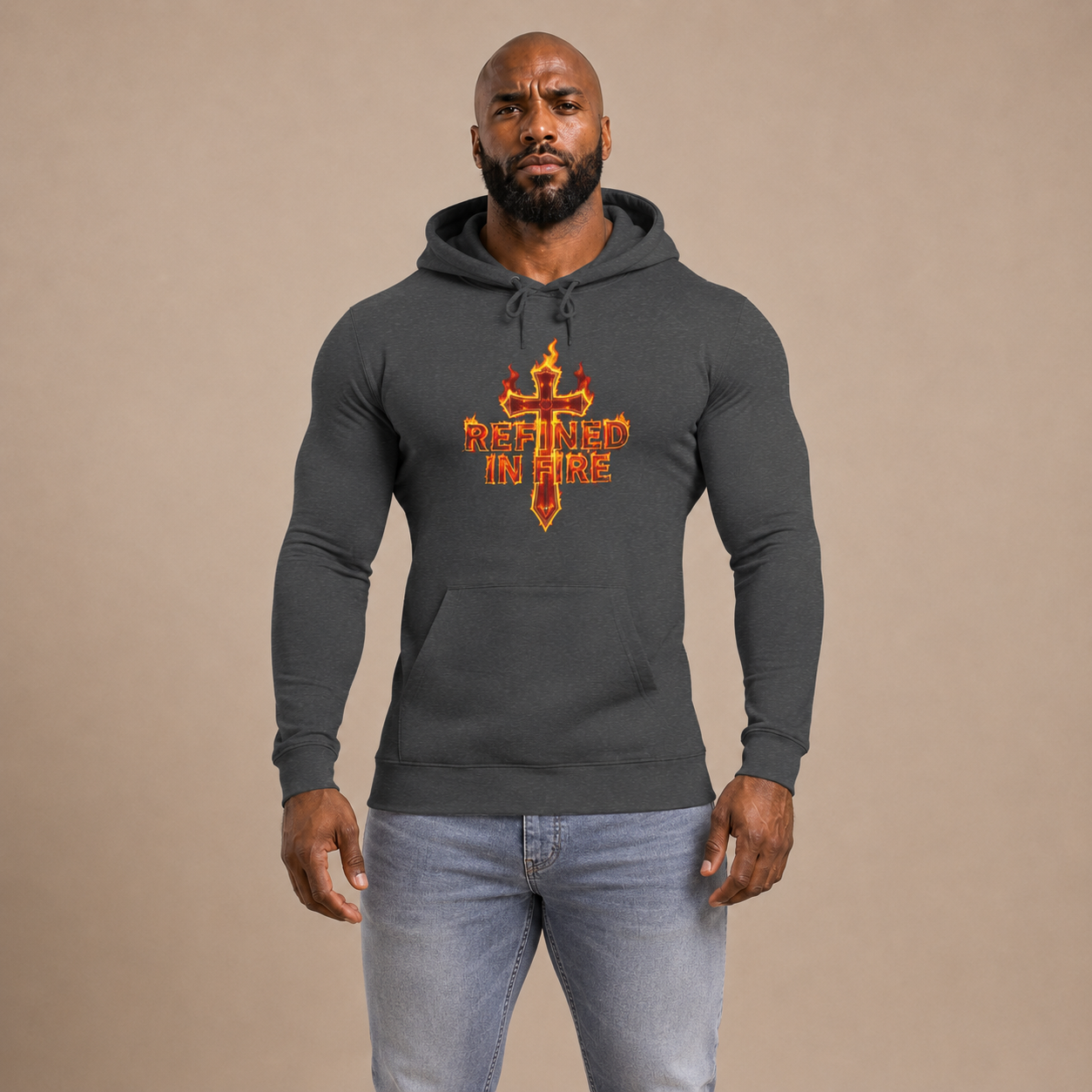Man wearing a dark gray hoodie with 'Refined in Fire' design on a beige background