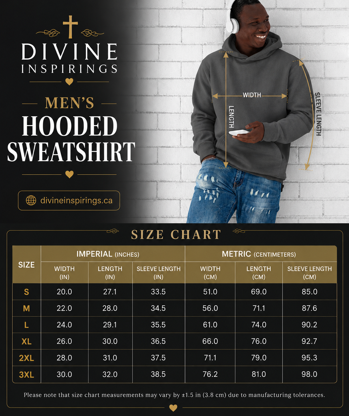 Man wearing a gray hooded sweatshirt with size chart and brand name 'Divine Inspirings' on a white brick wall background.