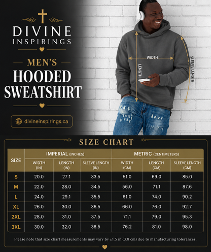 Man wearing a gray hooded sweatshirt with size chart and brand name 'Divine Inspirings' on a white brick wall background.