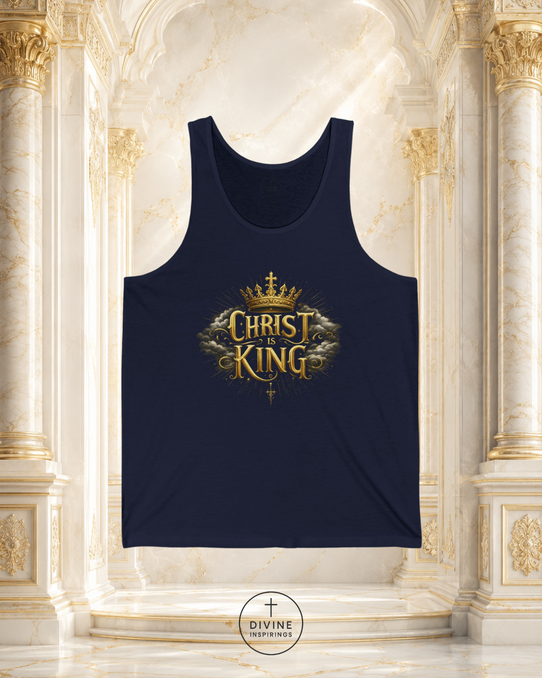 Black tank top with 'Christ King' design on a decorative marble wall background