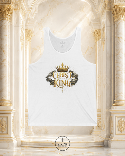 White tank top with 'Christ King' design in a luxurious setting