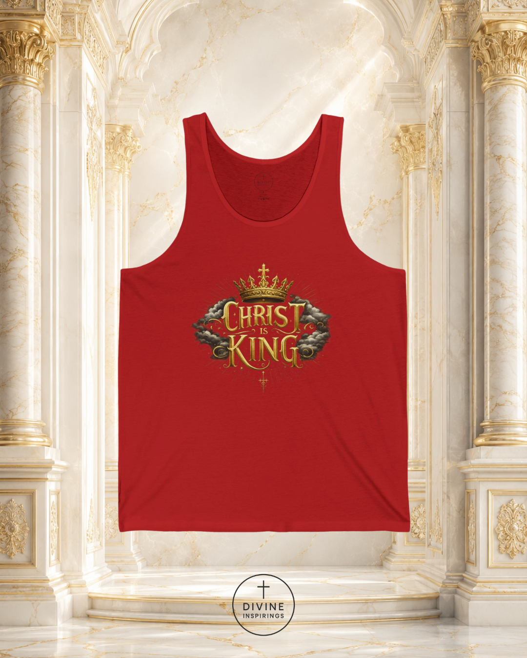 Red tank top with 'Christ King' design in a decorative setting