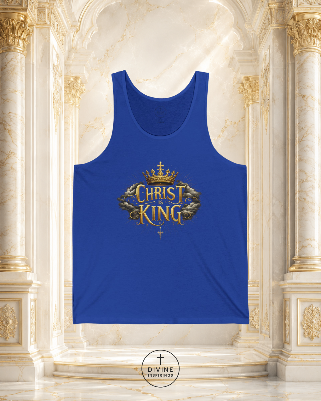 Blue tank top with 'Christ King' design on a decorative background