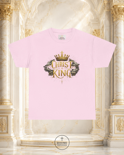 Pink t-shirt with 'Christ King' design on a marble background