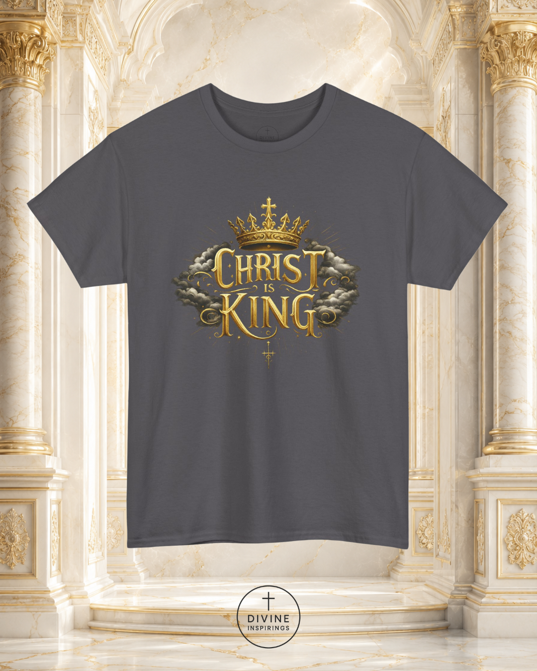 Gray t-shirt with 'Christ is King' design on a decorative background