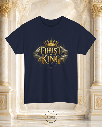 Green t-shirt with 'Christ is King' design on a decorative background