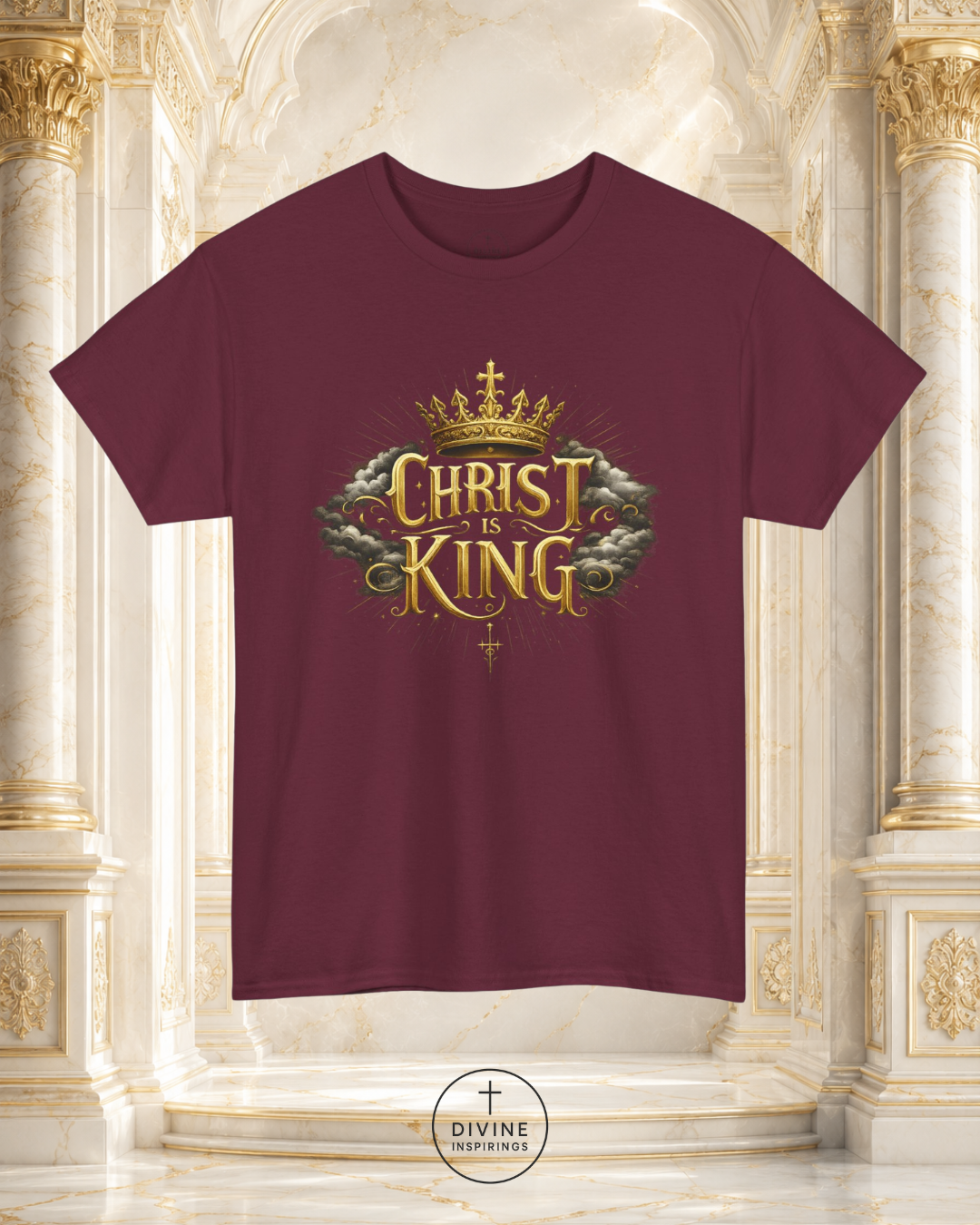 Green t-shirt with 'Christ is King' design on a decorative background