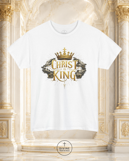 White t-shirt with 'Christ is King' design on a decorative background