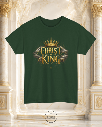 Green t-shirt with 'Christ is King' design on a decorative background