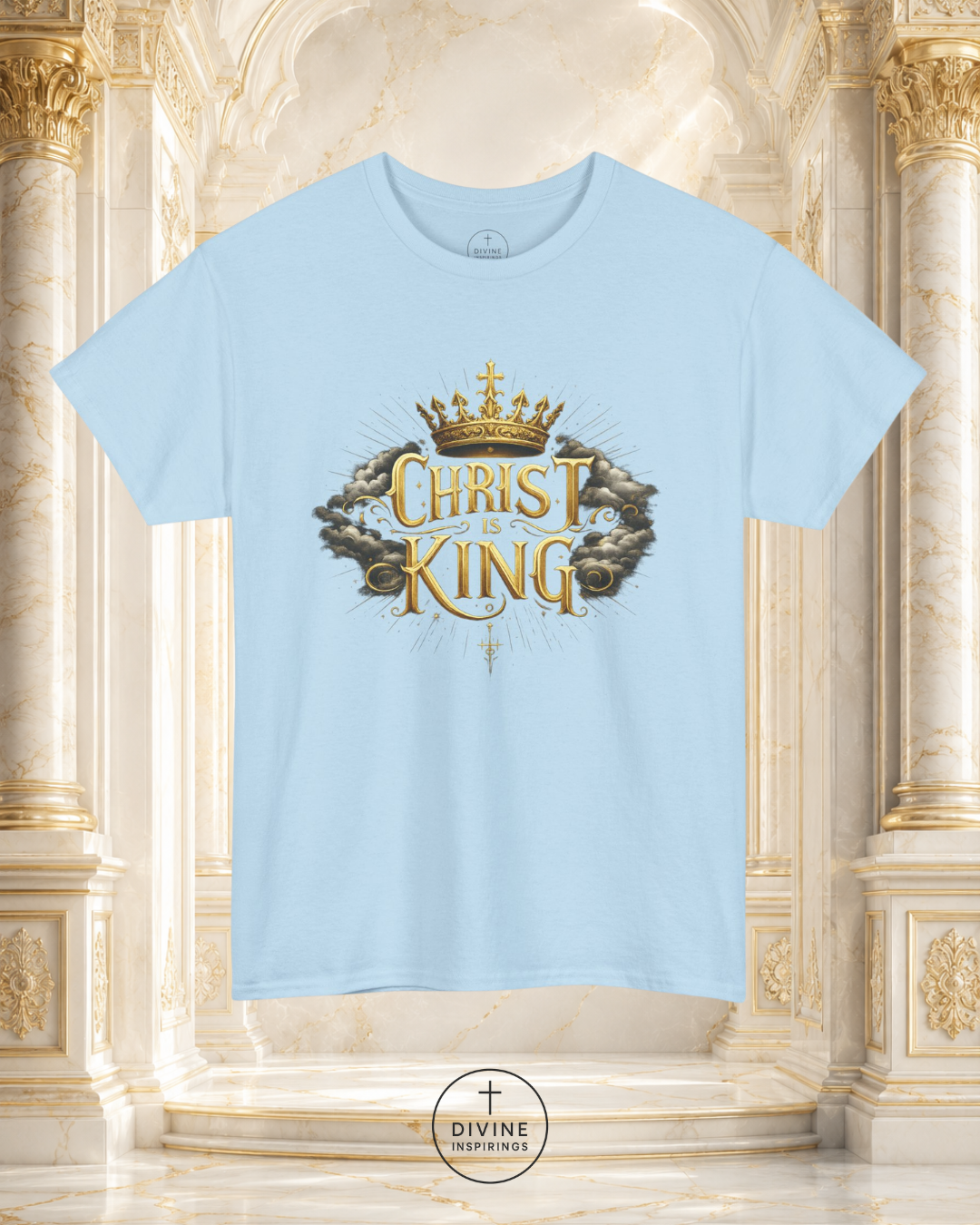 Light blue t-shirt with 'Christ King' design on a decorative background