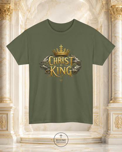Green t-shirt with 'Christ is King' design on a decorative background