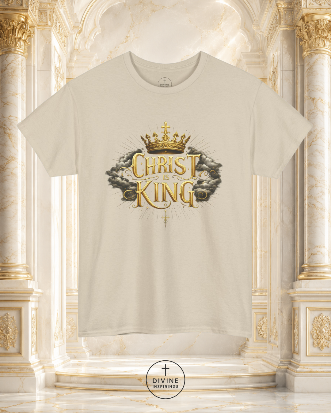 White t-shirt with 'Christ King' design in gold and black on a decorative background