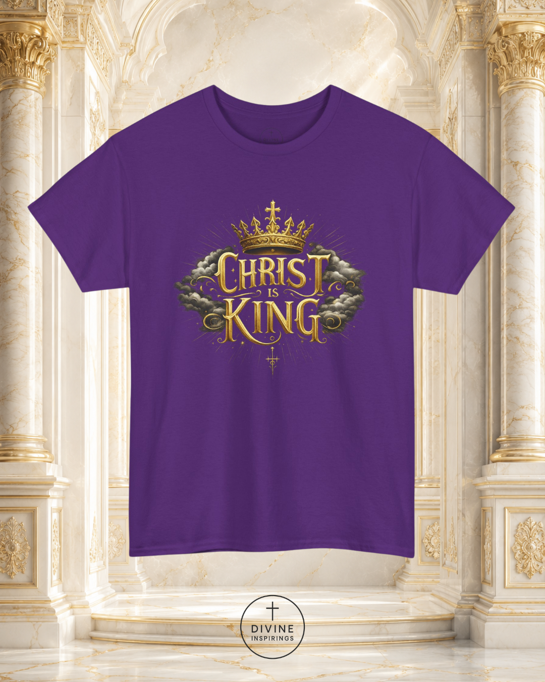 Blue t-shirt with 'Christ is King' design on a decorative background