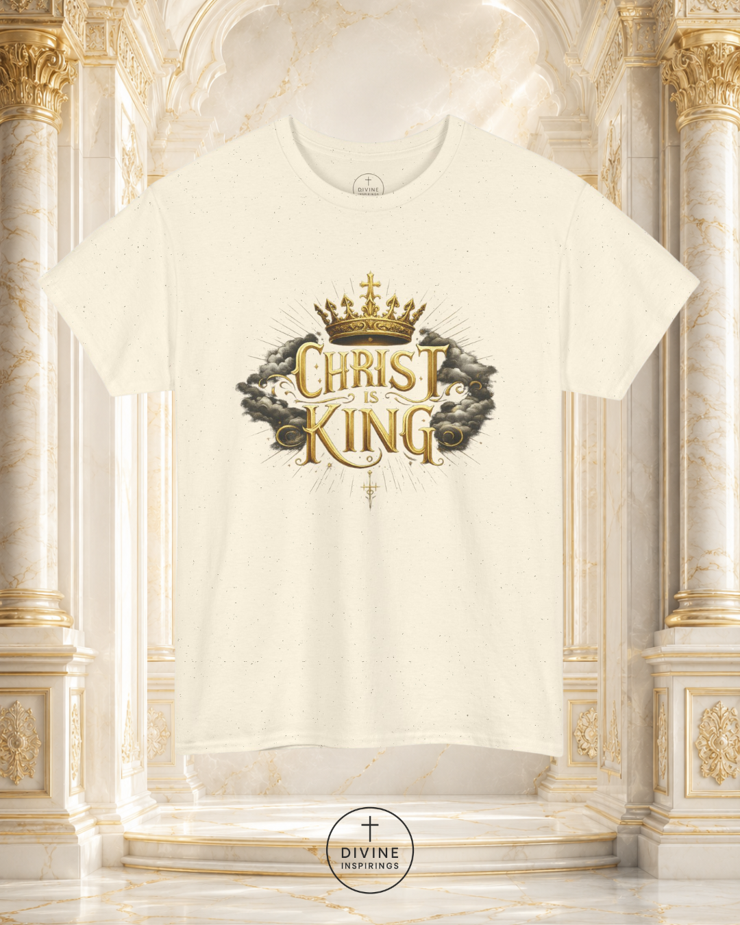 White t-shirt with 'Christ King' design on a marble background