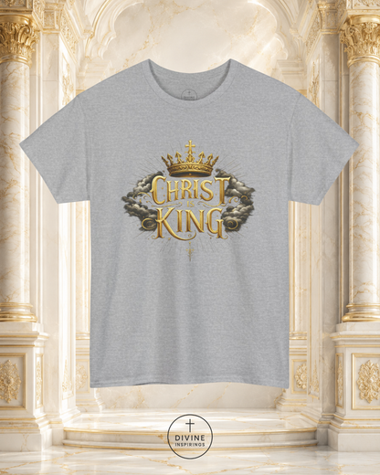 Gray t-shirt with 'Christ King' design on a decorative background