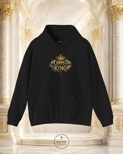 Black hoodie with 'Christ King' design on a decorative background