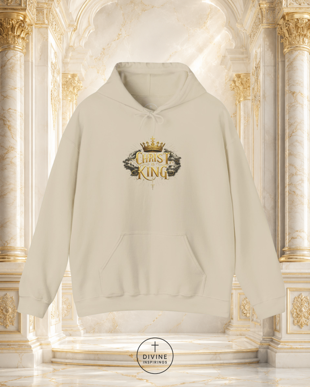 Beige hoodie with 'CHRIST KING' logo on a decorative background