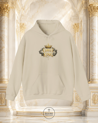 Beige hoodie with 'CHRIST KING' logo on a decorative background