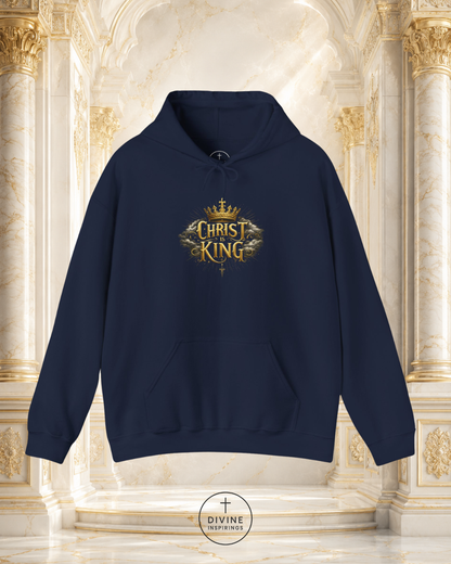 Black hoodie with 'Christ King' design on a decorative background