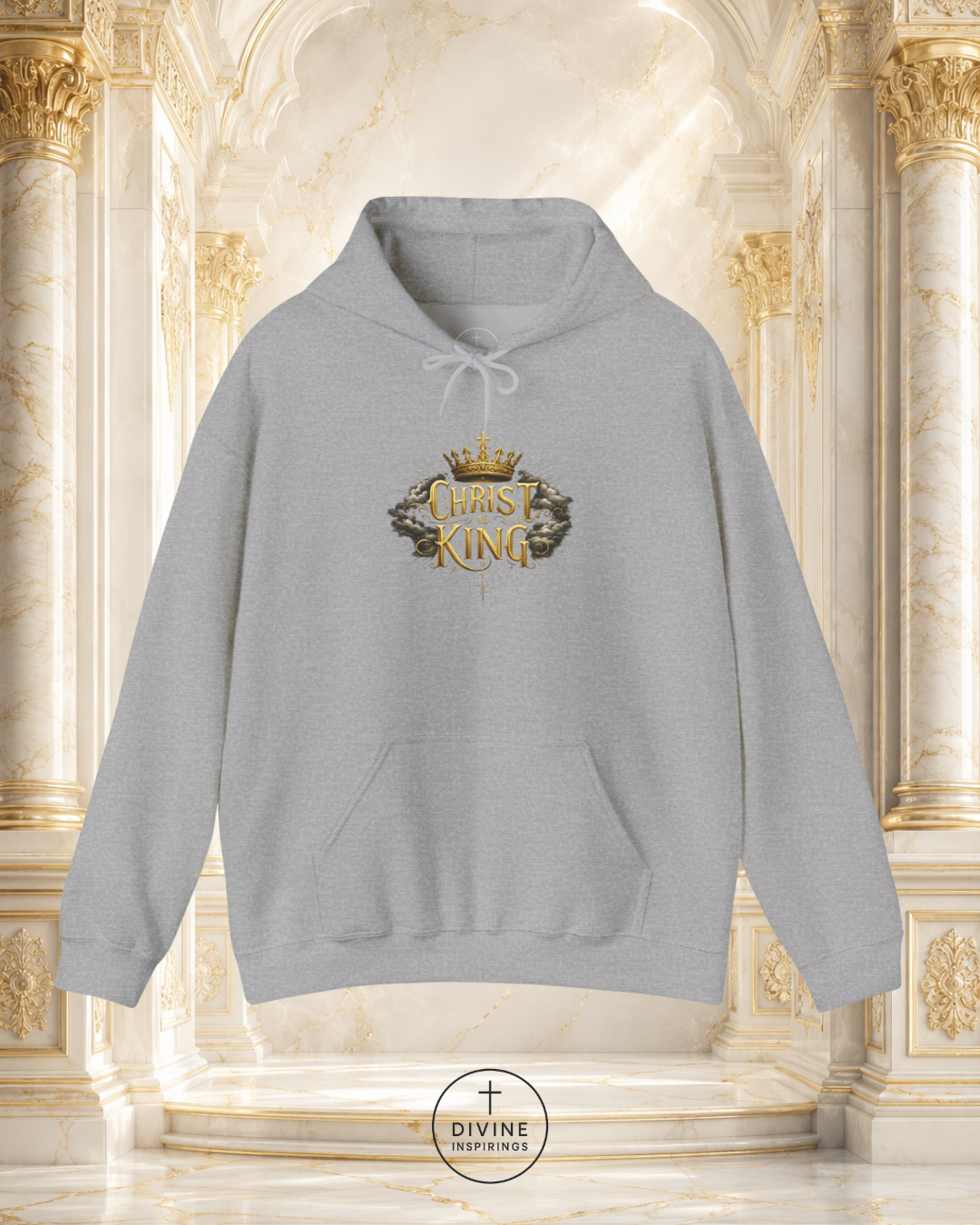 Gray hoodie with 'Christ King' design on a decorative background