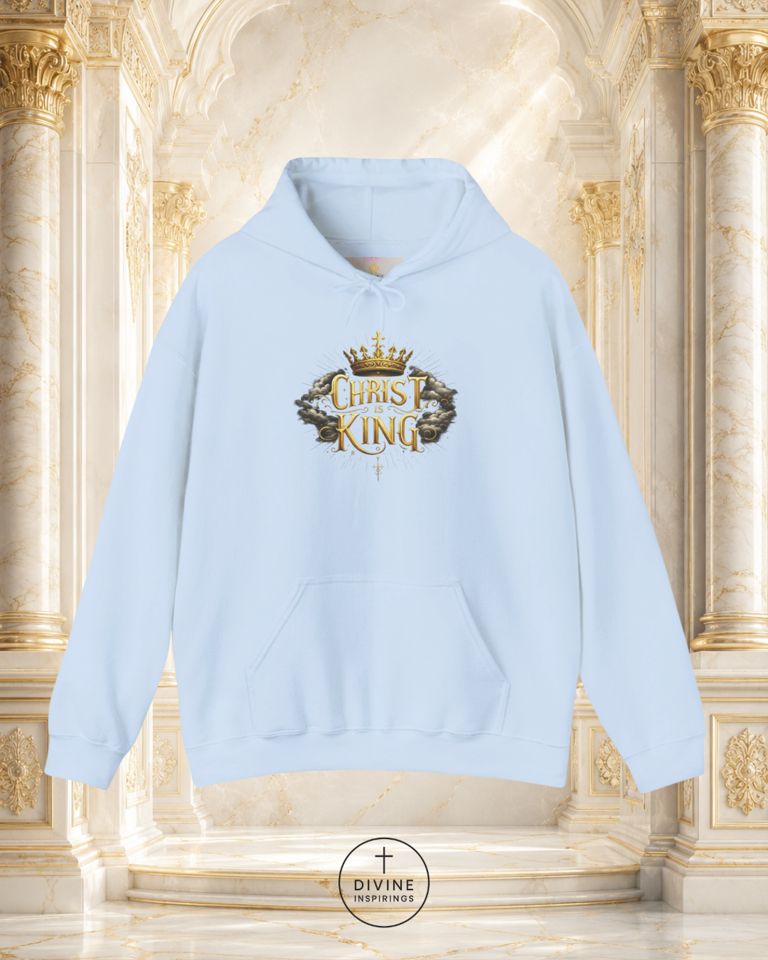 Light blue hoodie with 'Christ King' design on a decorative background