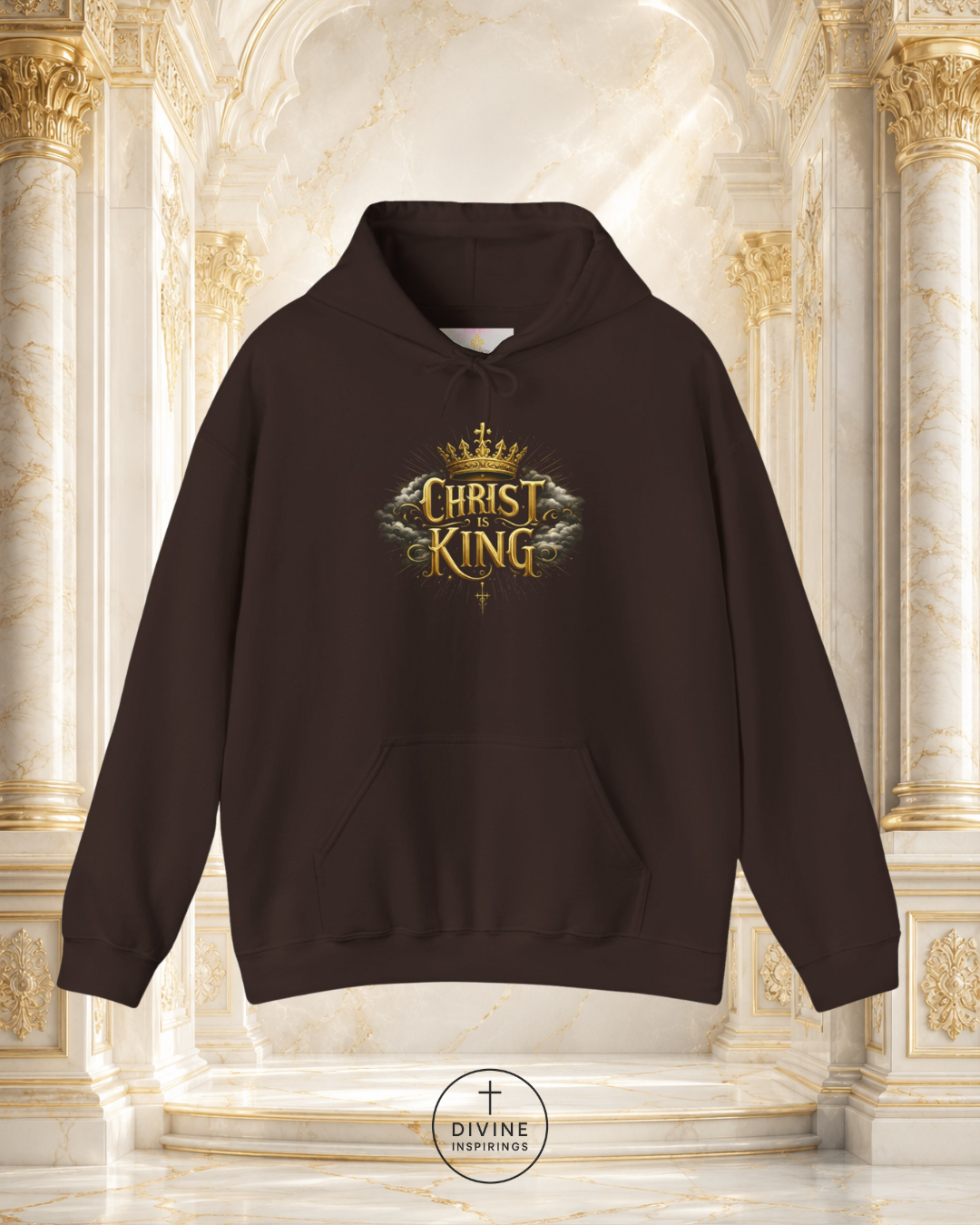 Brown hoodie with 'Christ King' design on a decorative background