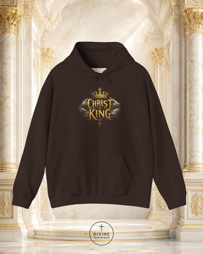 Brown hoodie with 'Christ King' design on a decorative background