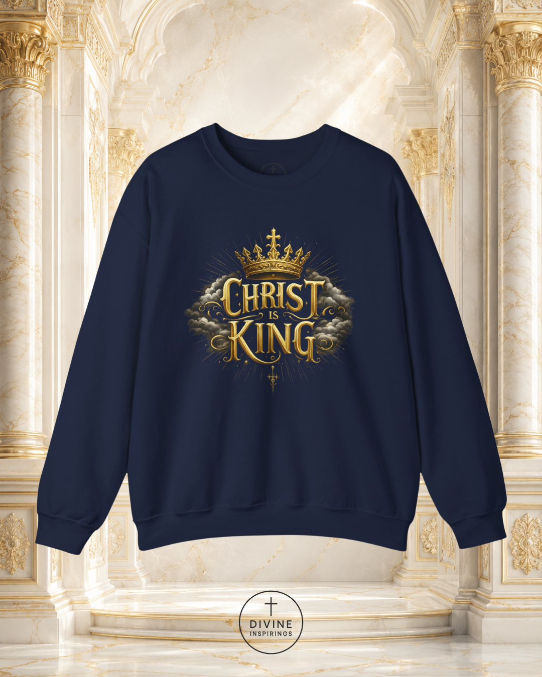 Black sweatshirt with 'Christ King' design on a decorative background