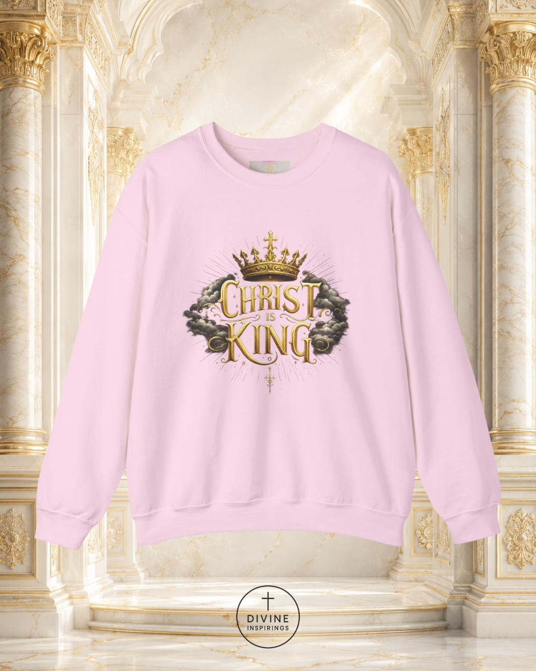 Pink sweatshirt with 'Christ is King' design on a decorative background