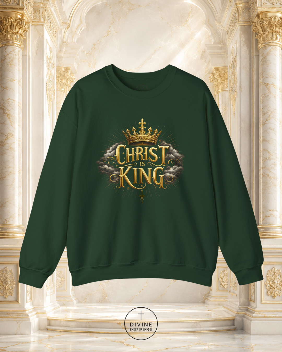 Black sweatshirt with 'Christ King' design on a decorative background