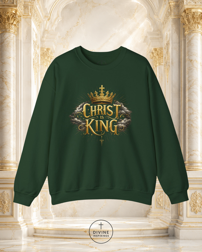 Black sweatshirt with 'Christ King' design on a decorative background