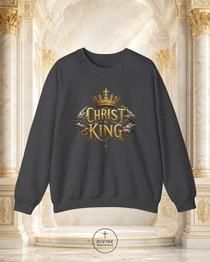 Dark gray sweatshirt with 'Christ King' design on a decorative background