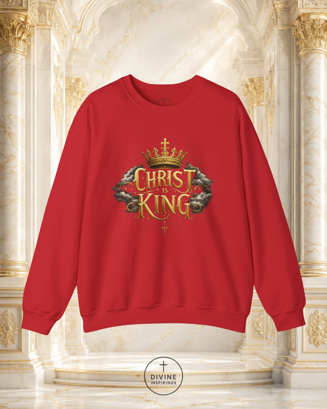 Red sweatshirt with 'Christ King' design on a decorative background
